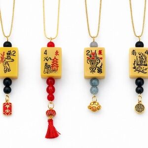 Vintage Handmade Mahjong Tile Pendant Necklace with Charms and Gold Chain